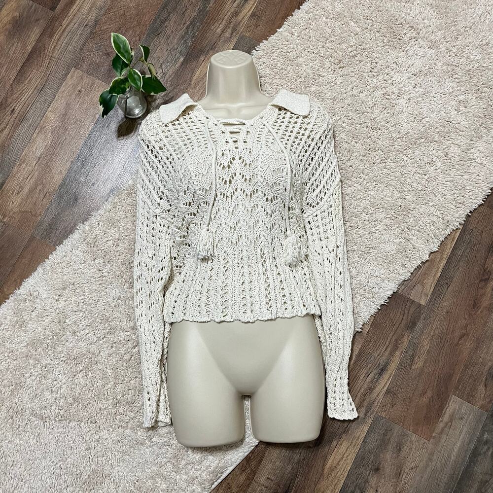 American Eagle XS Oversized Cream Crochet Lace Up V-Neck Open Knit Polo Sweater
